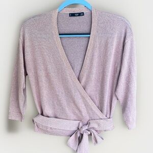MNG  Wrap Long Waist Tie 3/4 Sleeve Light Pink  Metallic Jersey Top Blouse XS